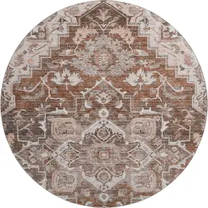 Photo of 8' Terra Cotta Beige And Gray Floral Medallion Washable Round Rug With UV Protection
