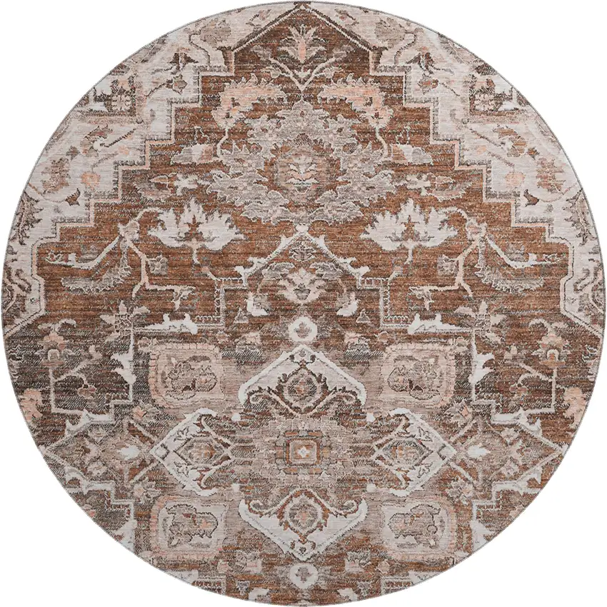 8' Terra Cotta Beige And Gray Floral Medallion Washable Round Rug With UV Protection Photo 1