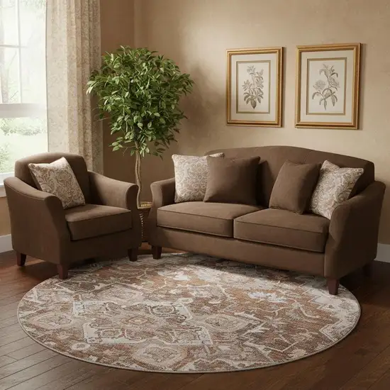 8' Terra Cotta Beige And Gray Floral Medallion Washable Round Rug With UV Protection Photo 1