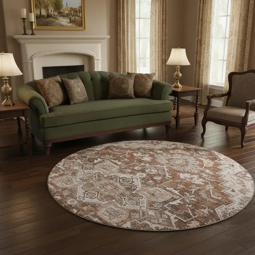 8' Terra Cotta Beige And Gray Floral Medallion Washable Round Rug With UV Protection Photo 2