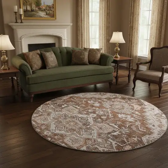 8' Terra Cotta Beige And Gray Floral Medallion Washable Round Rug With UV Protection Photo 2