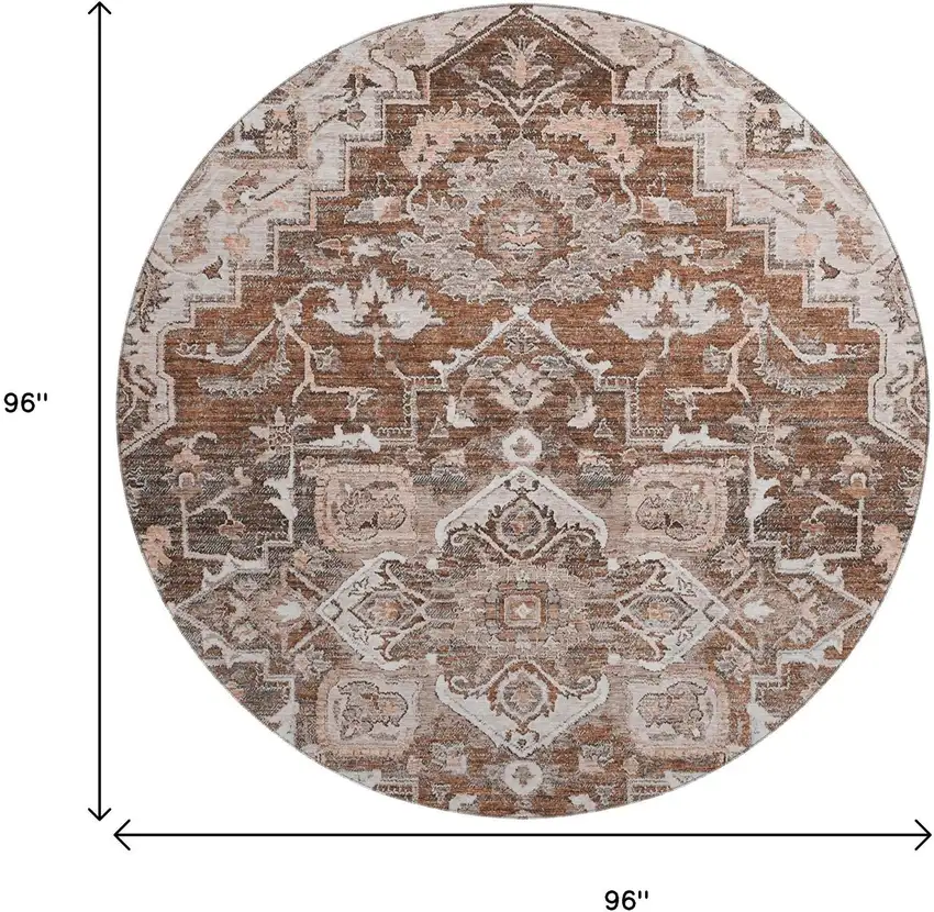 8' Terra Cotta Beige And Gray Floral Medallion Washable Round Rug With UV Protection Photo 3