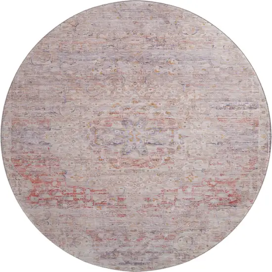 8' Terra Cotta Beige And Gray Floral Medallion Washable Round Rug With UV Protection Photo 1