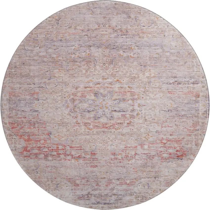 8' Terra Cotta Beige And Gray Floral Medallion Washable Round Rug With UV Protection Photo 1