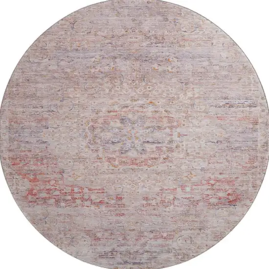 8' Terra Cotta Beige And Gray Floral Medallion Washable Round Rug With UV Protection Photo 3