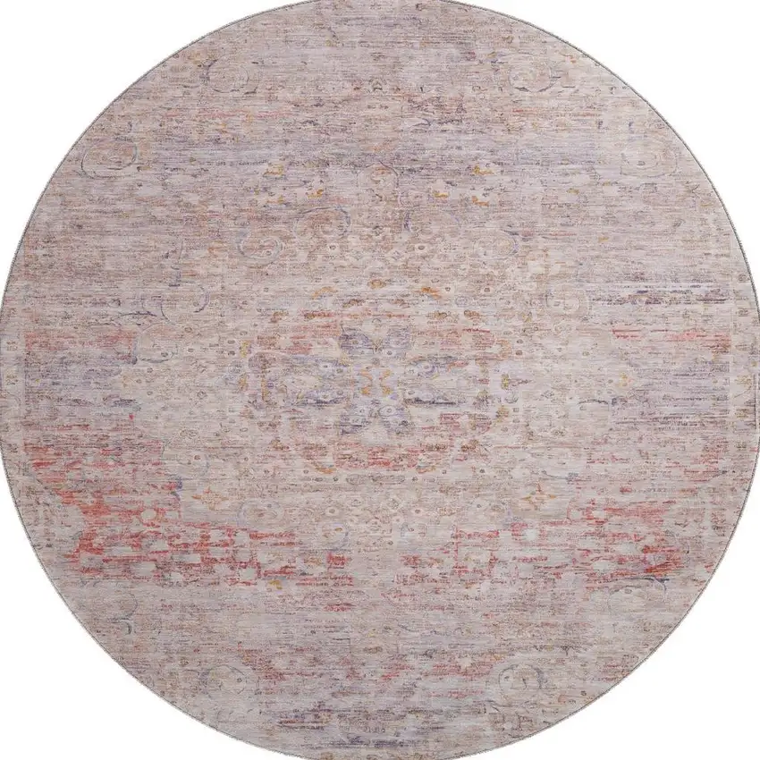 8' Terra Cotta Beige And Gray Floral Medallion Washable Round Rug With UV Protection Photo 3
