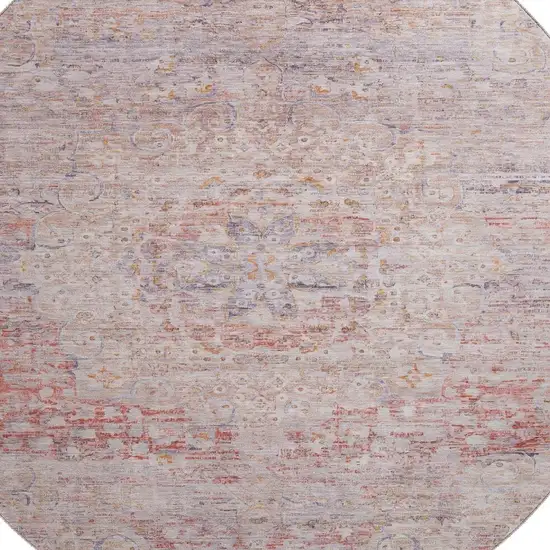 8' Terra Cotta Beige And Gray Floral Medallion Washable Round Rug With UV Protection Photo 2