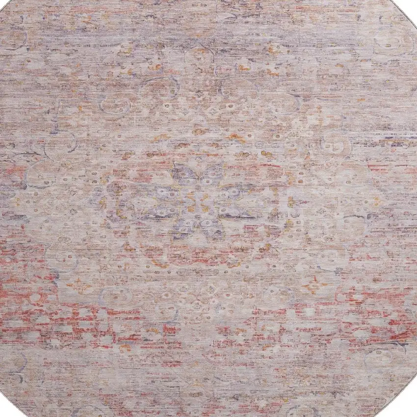 8' Terra Cotta Beige And Gray Floral Medallion Washable Round Rug With UV Protection Photo 2