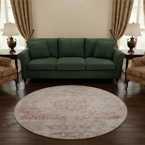 8' Terra Cotta Beige And Gray Floral Medallion Washable Round Rug With UV Protection Photo 2