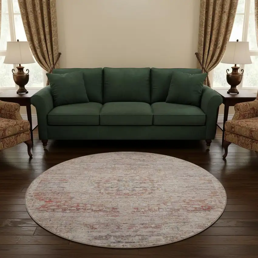 8' Terra Cotta Beige And Gray Floral Medallion Washable Round Rug With UV Protection Photo 2