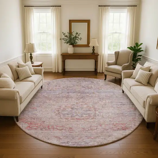 8' Terra Cotta Beige And Gray Floral Medallion Washable Round Rug With UV Protection Photo 4