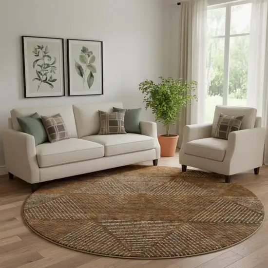 8' Terra Cotta Beige And Gray Geometric Washable Round Rug With UV Protection Photo 1