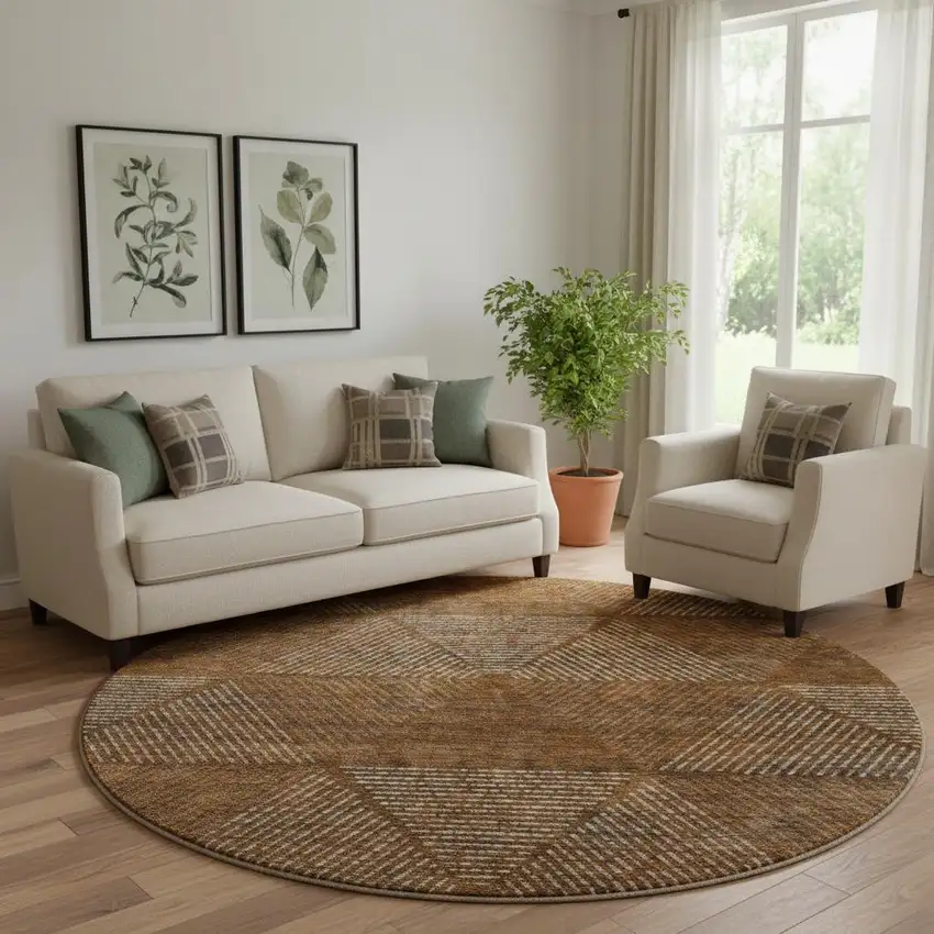 8' Terra Cotta Beige And Gray Geometric Washable Round Rug With UV Protection Photo 1