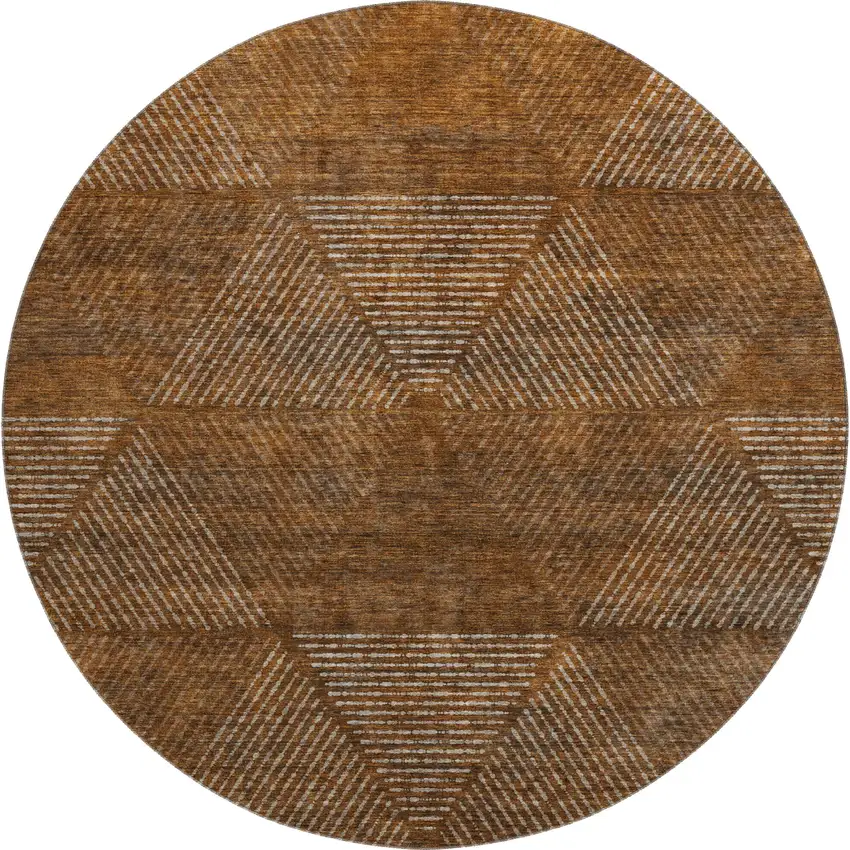 8' Terra Cotta Beige And Gray Geometric Washable Round Rug With UV Protection Photo 1