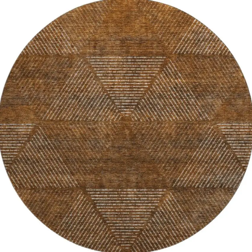 8' Terra Cotta Beige And Gray Geometric Washable Round Rug With UV Protection Photo 4