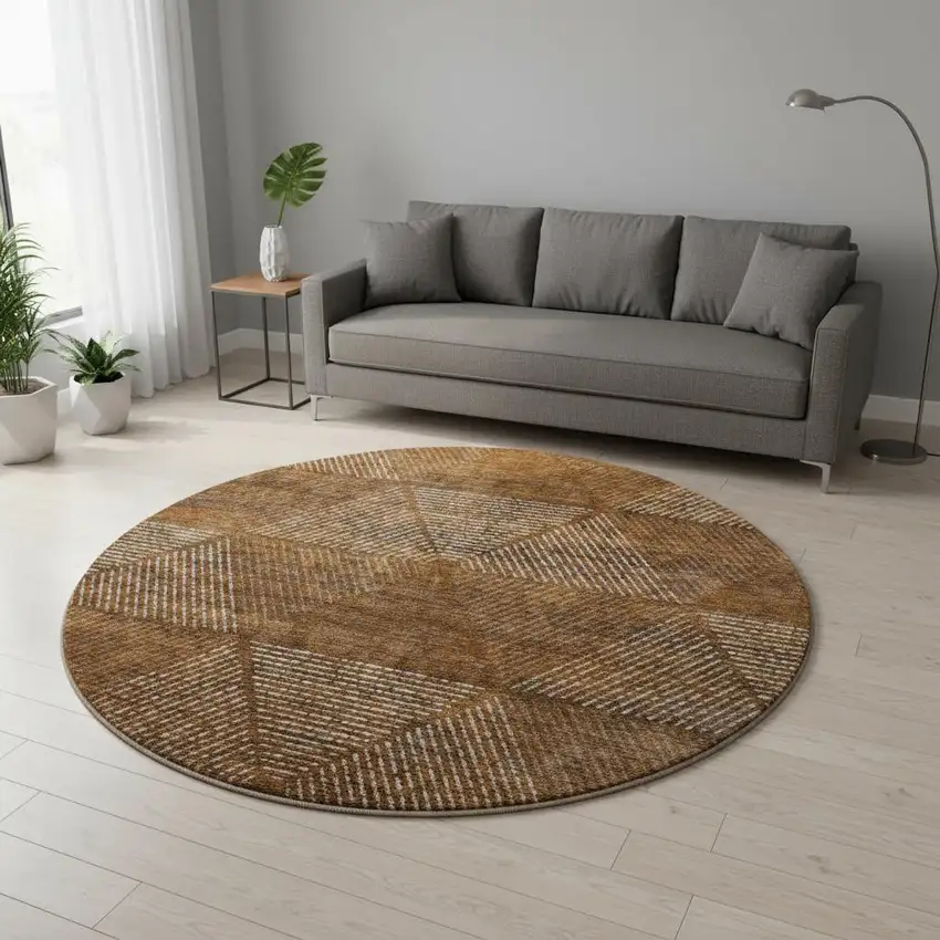 8' Terra Cotta Beige And Gray Geometric Washable Round Rug With UV Protection Photo 2
