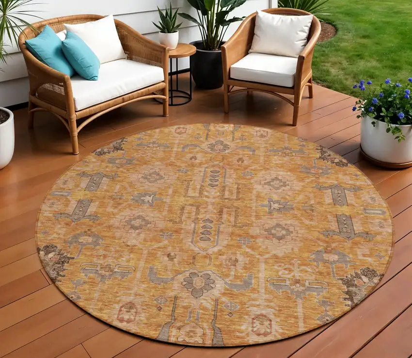 8' Terra Cotta Beige And Gray Round Oriental Washable Indoor Outdoor Area Rug Photo 1