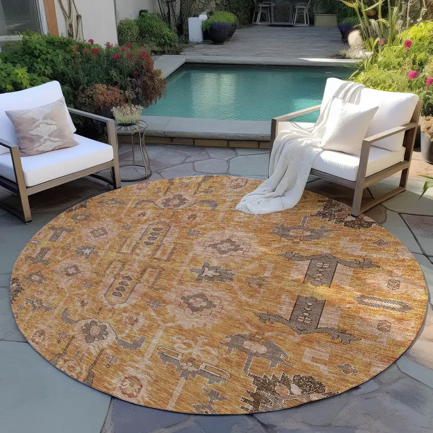 8' Terra Cotta Beige And Gray Round Oriental Washable Indoor Outdoor Area Rug Photo 7