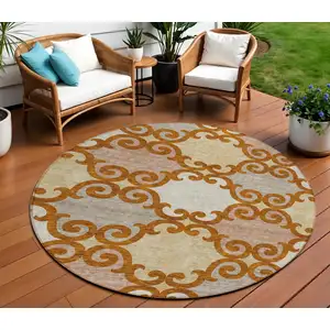 Photo of 8' Terra Cotta Beige And Gray Round Trellis Washable Indoor Outdoor Area Rug