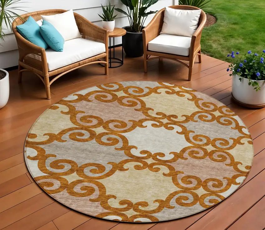8' Terra Cotta Beige And Gray Round Trellis Washable Indoor Outdoor Area Rug Photo 1