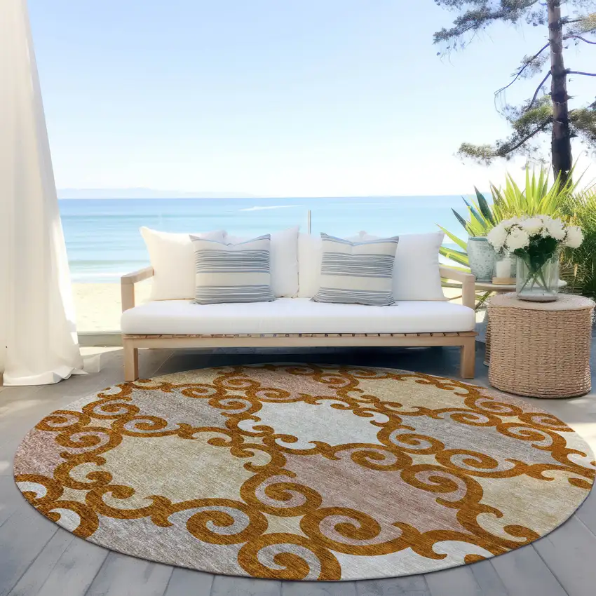 8' Terra Cotta Beige And Gray Round Trellis Washable Indoor Outdoor Area Rug Photo 6