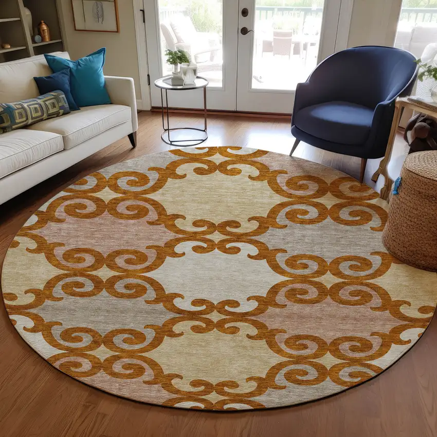 8' Terra Cotta Beige And Gray Round Trellis Washable Indoor Outdoor Area Rug Photo 7