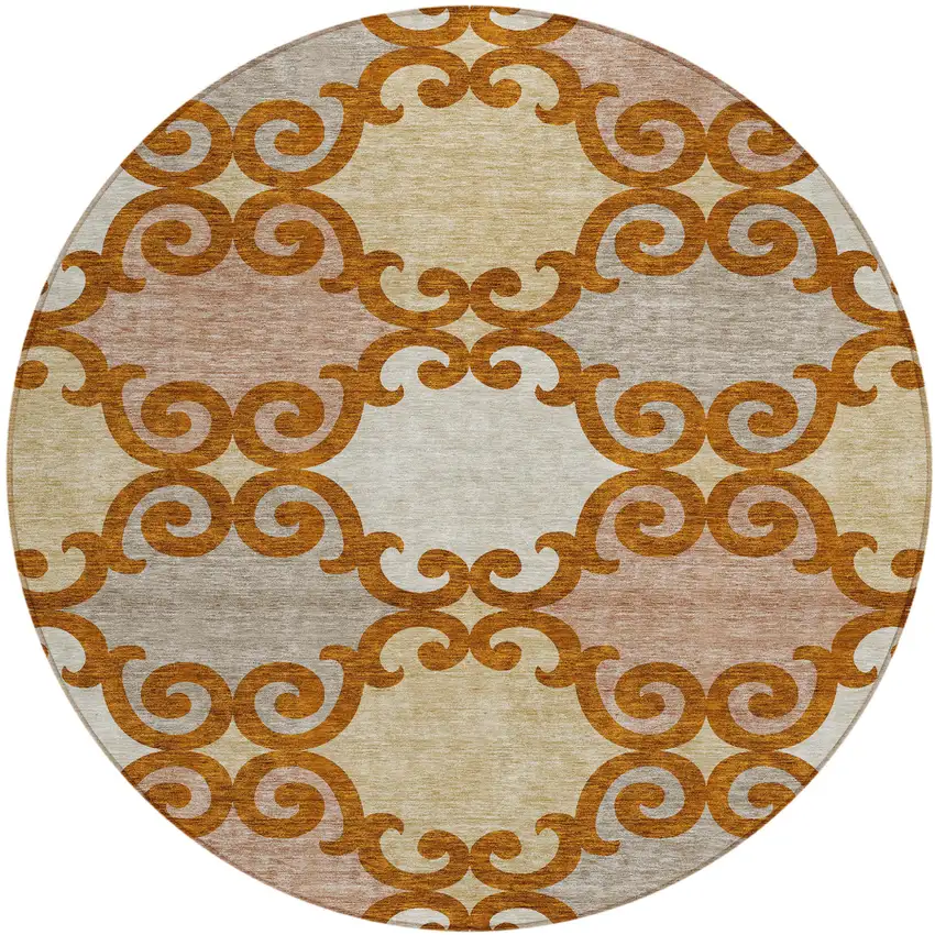 8' Terra Cotta Beige And Gray Round Trellis Washable Indoor Outdoor Area Rug Photo 2