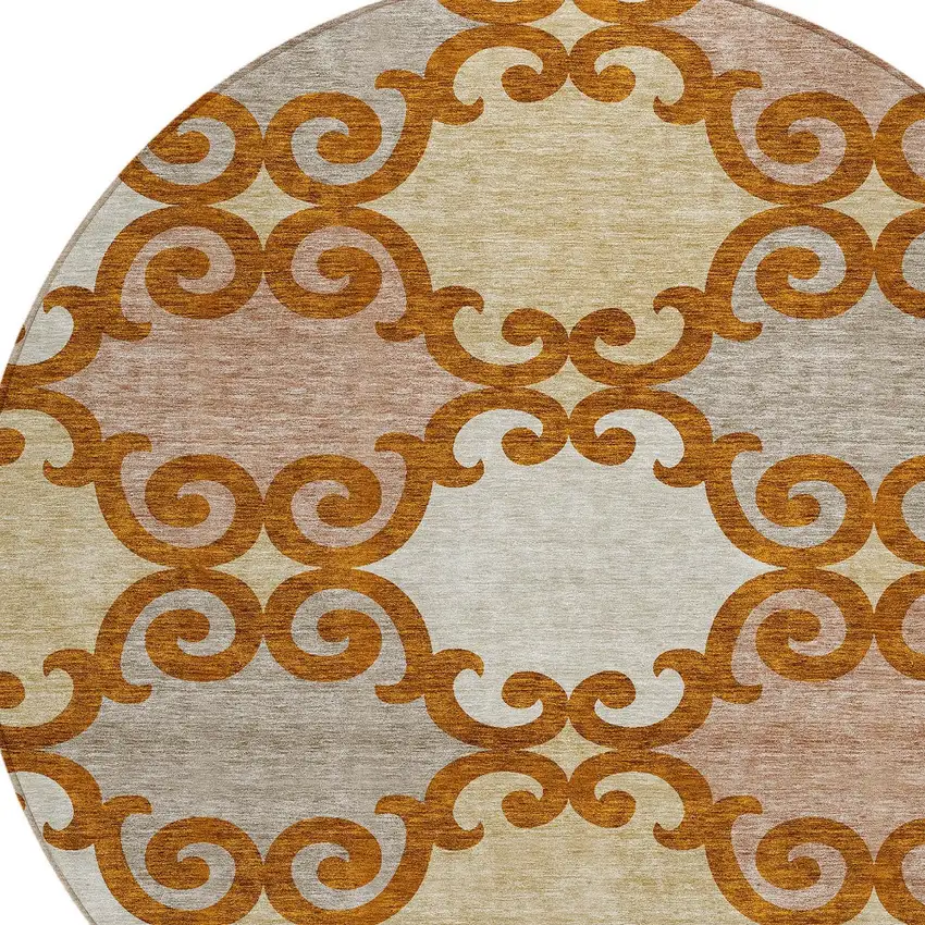 8' Terra Cotta Beige And Gray Round Trellis Washable Indoor Outdoor Area Rug Photo 4