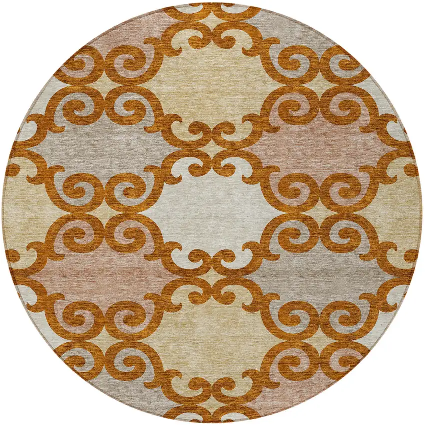 8' Terra Cotta Beige And Gray Round Trellis Washable Indoor Outdoor Area Rug Photo 5