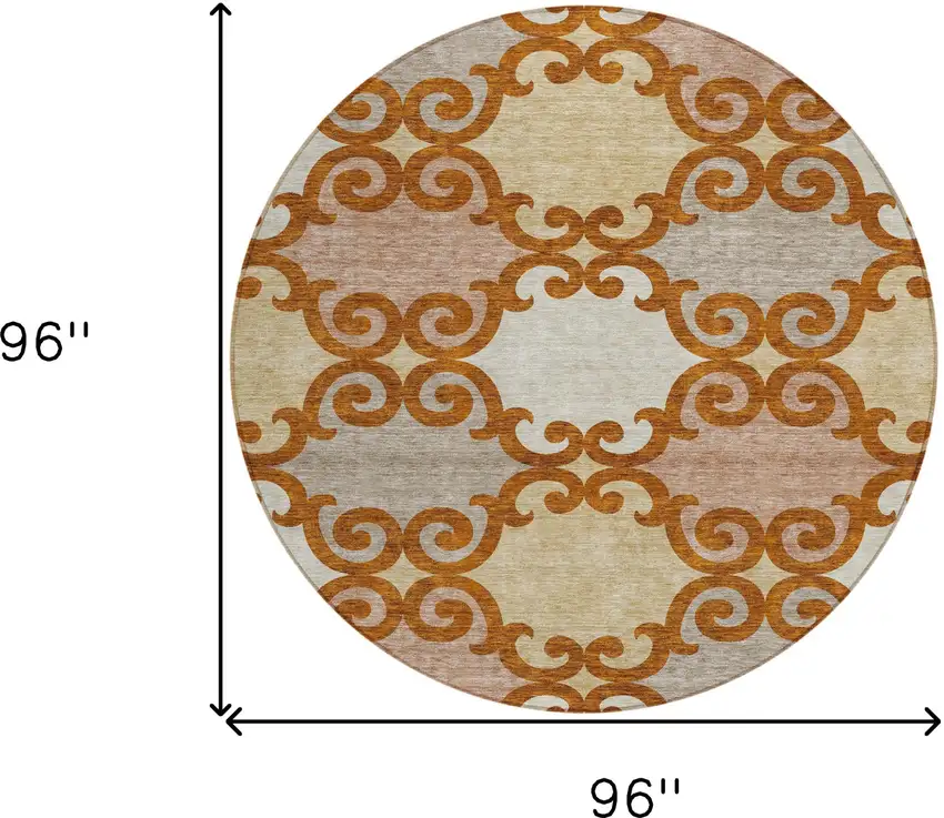 8' Terra Cotta Beige And Gray Round Trellis Washable Indoor Outdoor Area Rug Photo 3