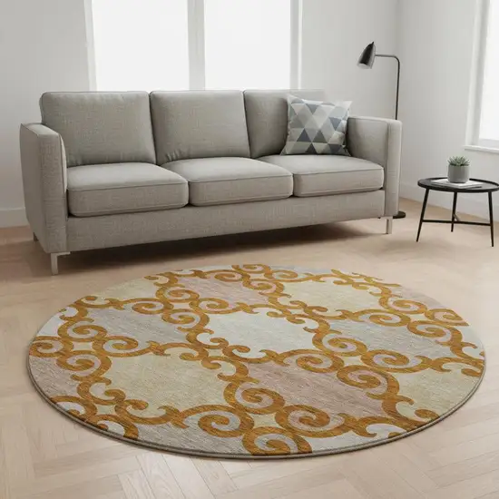 8' Terra Cotta Beige And Gray Trellis Washable Round Rug With UV Protection Photo 2