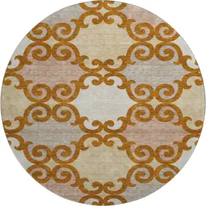 Photo of 8' Terra Cotta Beige And Gray Trellis Washable Round Rug With UV Protection