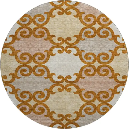 8' Terra Cotta Beige And Gray Trellis Washable Round Rug With UV Protection Photo 1