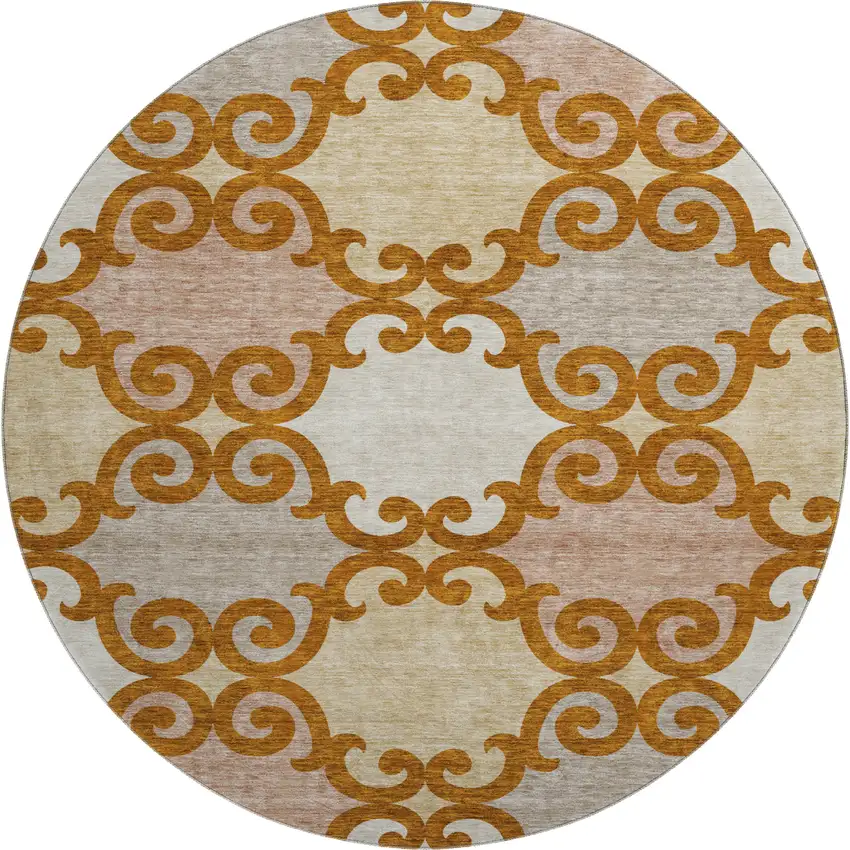 8' Terra Cotta Beige And Gray Trellis Washable Round Rug With UV Protection Photo 1