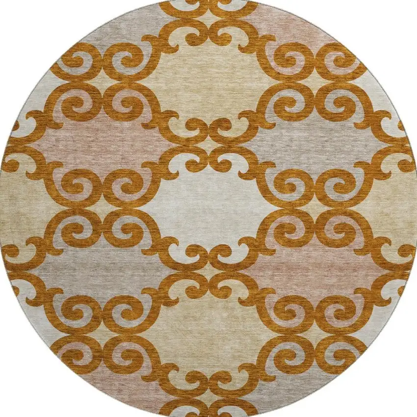 8' Terra Cotta Beige And Gray Trellis Washable Round Rug With UV Protection Photo 4