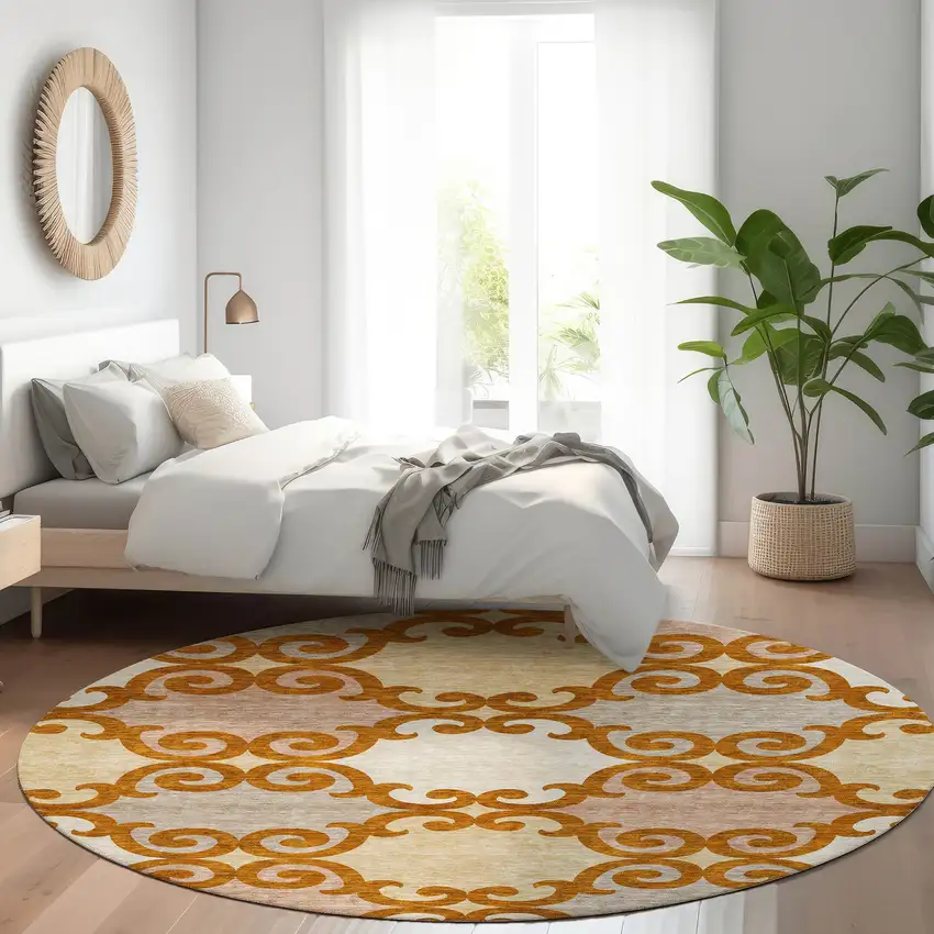 8' Terra Cotta Beige And Gray Trellis Washable Round Rug With UV Protection Photo 5