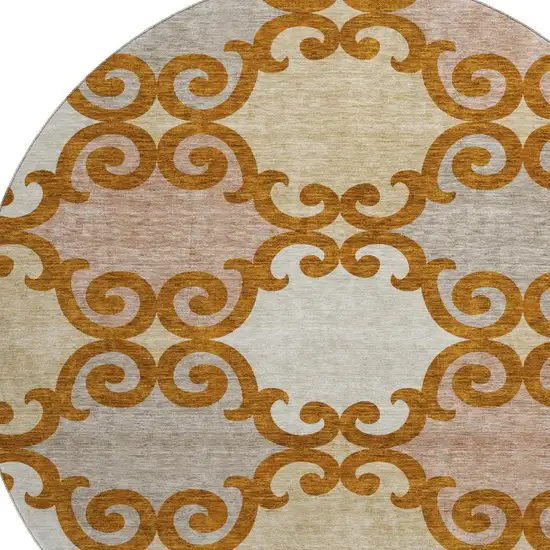8' Terra Cotta Beige And Gray Trellis Washable Round Rug With UV Protection Photo 3