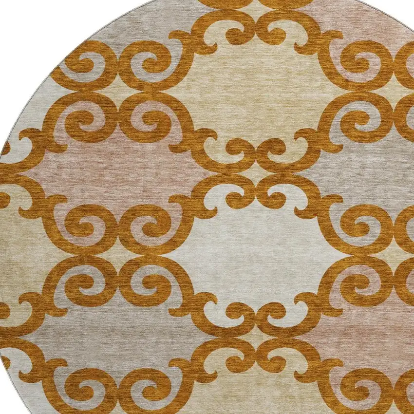 8' Terra Cotta Beige And Gray Trellis Washable Round Rug With UV Protection Photo 3