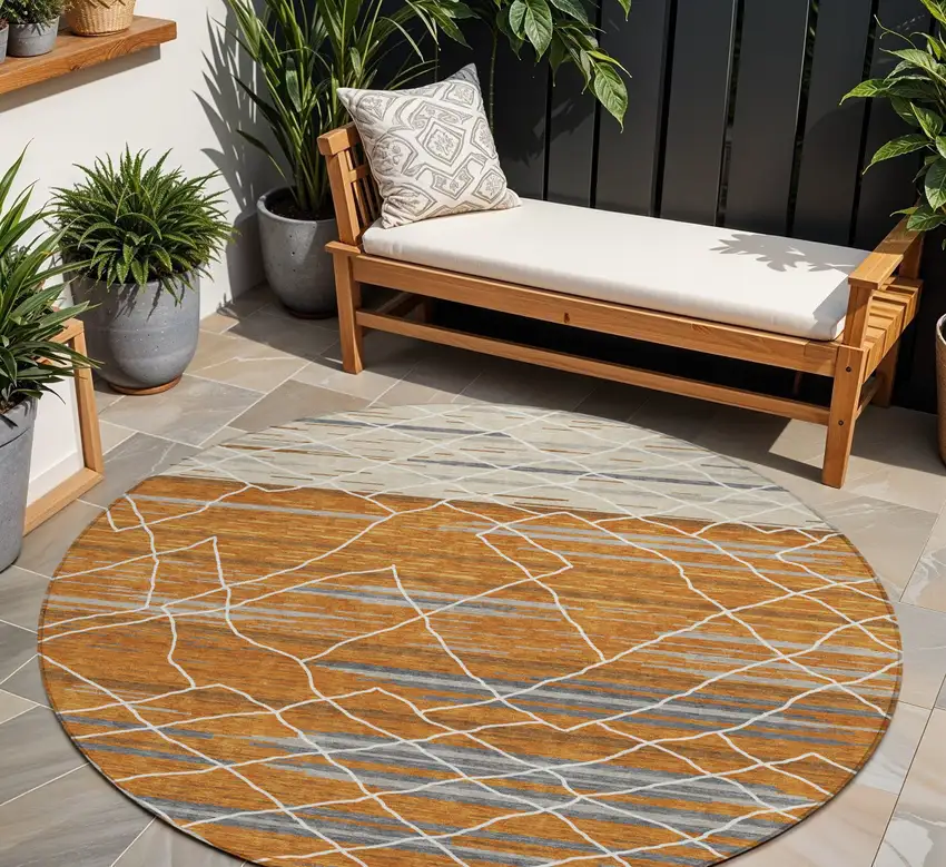 8' Terra Cotta Beige And Ivory Round Striped Washable Indoor Outdoor Area Rug Photo 1