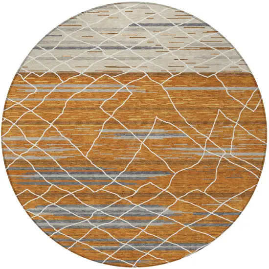 8' Terra Cotta Beige And Ivory Round Striped Washable Indoor Outdoor Area Rug Photo 5