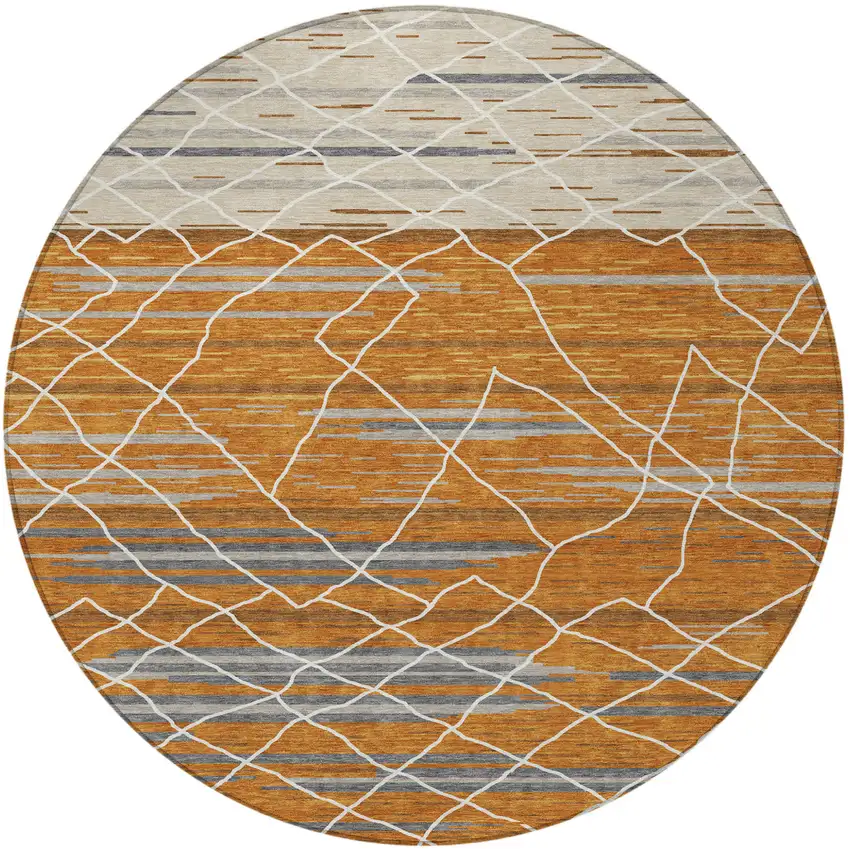 8' Terra Cotta Beige And Ivory Round Striped Washable Indoor Outdoor Area Rug Photo 5