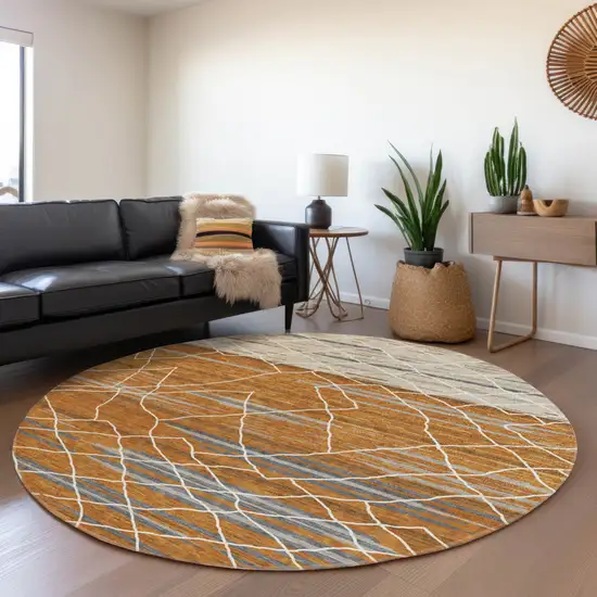 8' Terra Cotta Beige And Ivory Round Striped Washable Indoor Outdoor Area Rug Photo 7