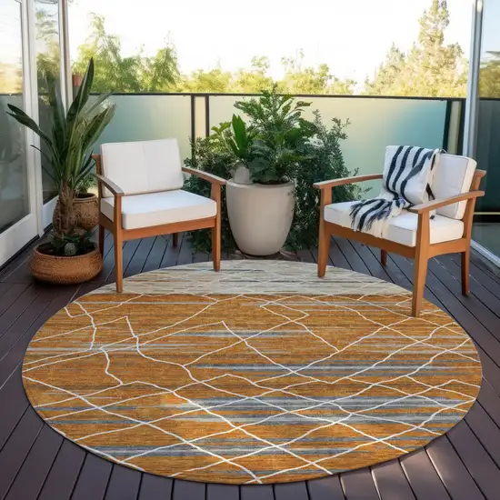 8' Terra Cotta Beige And Ivory Round Striped Washable Indoor Outdoor Area Rug Photo 6