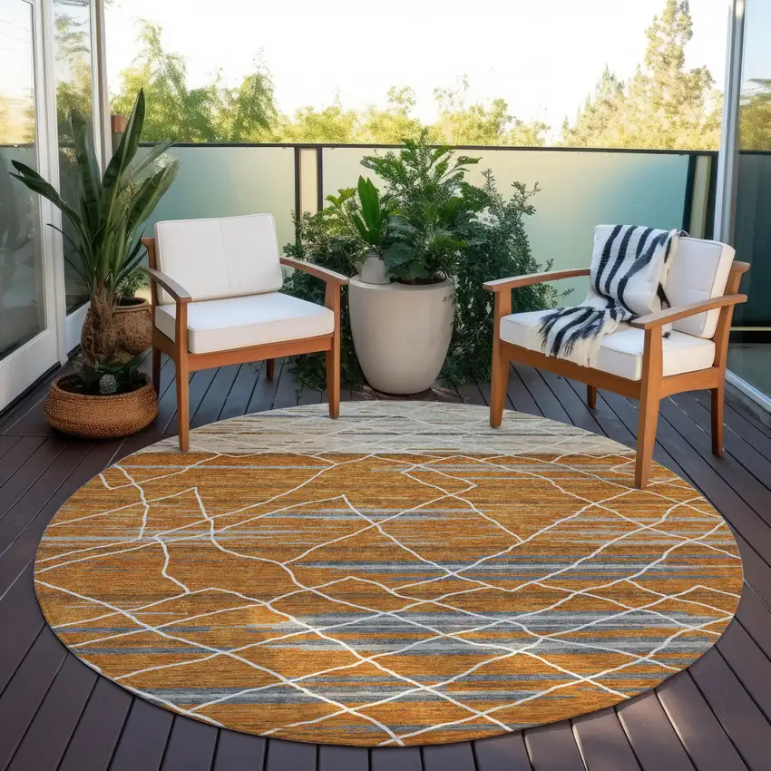 8' Terra Cotta Beige And Ivory Round Striped Washable Indoor Outdoor Area Rug Photo 6
