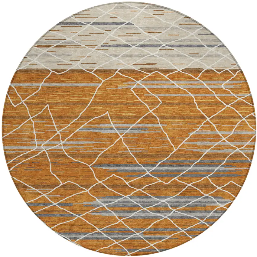 8' Terra Cotta Beige And Ivory Round Striped Washable Indoor Outdoor Area Rug Photo 2