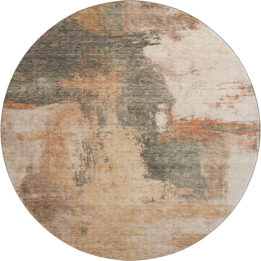 8' Terra Cotta Beige And Sage Abstract Washable Round Rug With UV Protection Photo 1