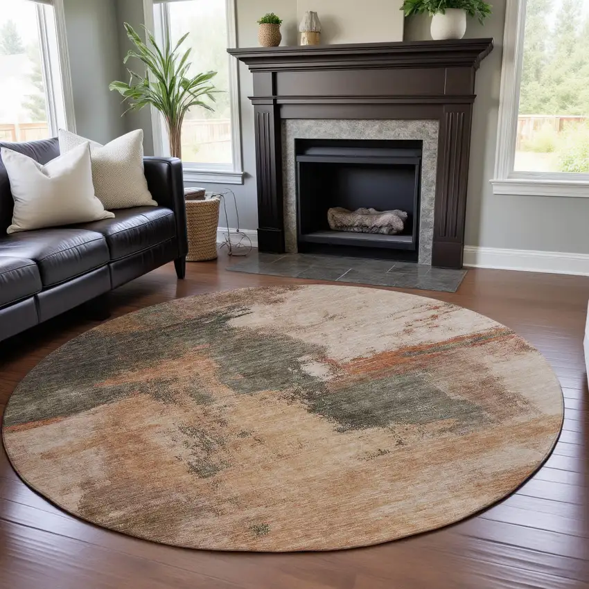 8' Terra Cotta Beige And Sage Abstract Washable Round Rug With UV Protection Photo 4