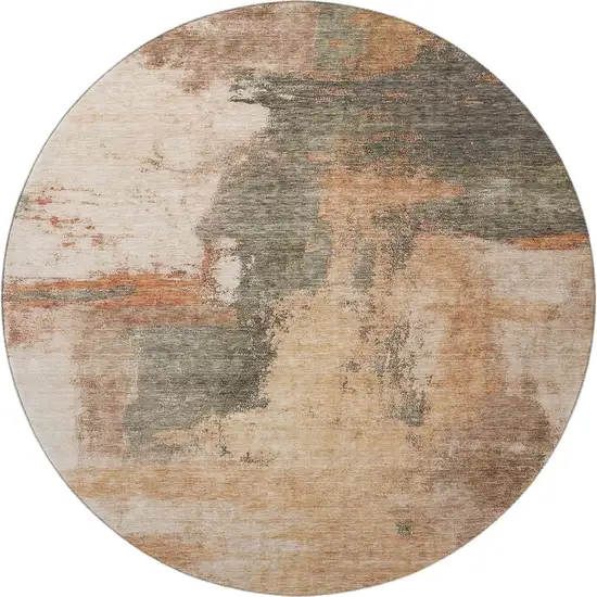 8' Terra Cotta Beige And Sage Abstract Washable Round Rug With UV Protection Photo 3