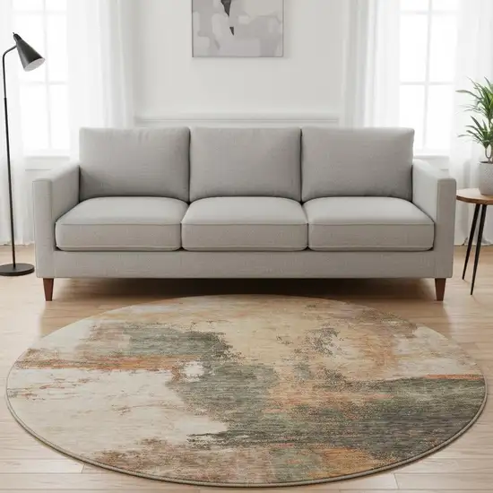 8' Terra Cotta Beige And Sage Abstract Washable Round Rug With UV Protection Photo 2