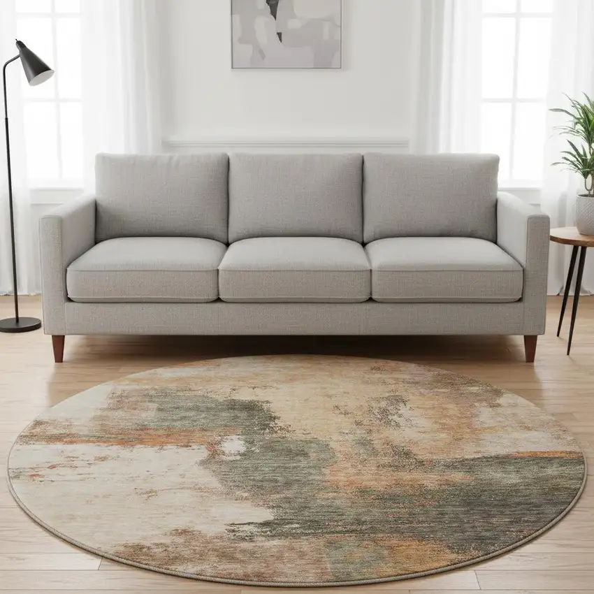 8' Terra Cotta Beige And Sage Abstract Washable Round Rug With UV Protection Photo 2